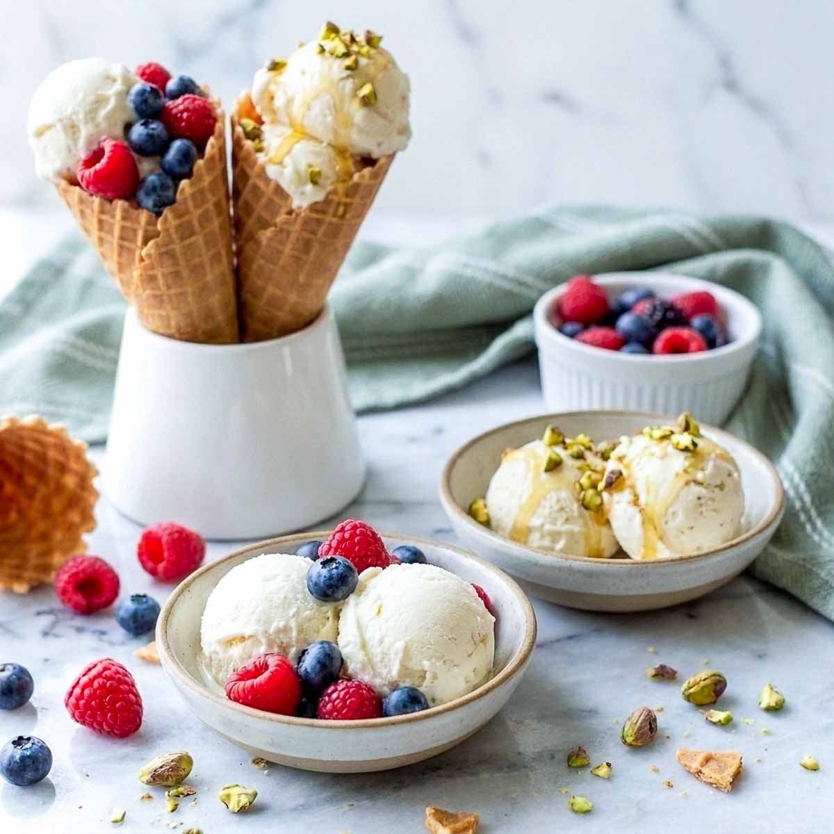 Two cones and two bowls of no churn kefir ice cream with berries and pistachios on a marble counter.