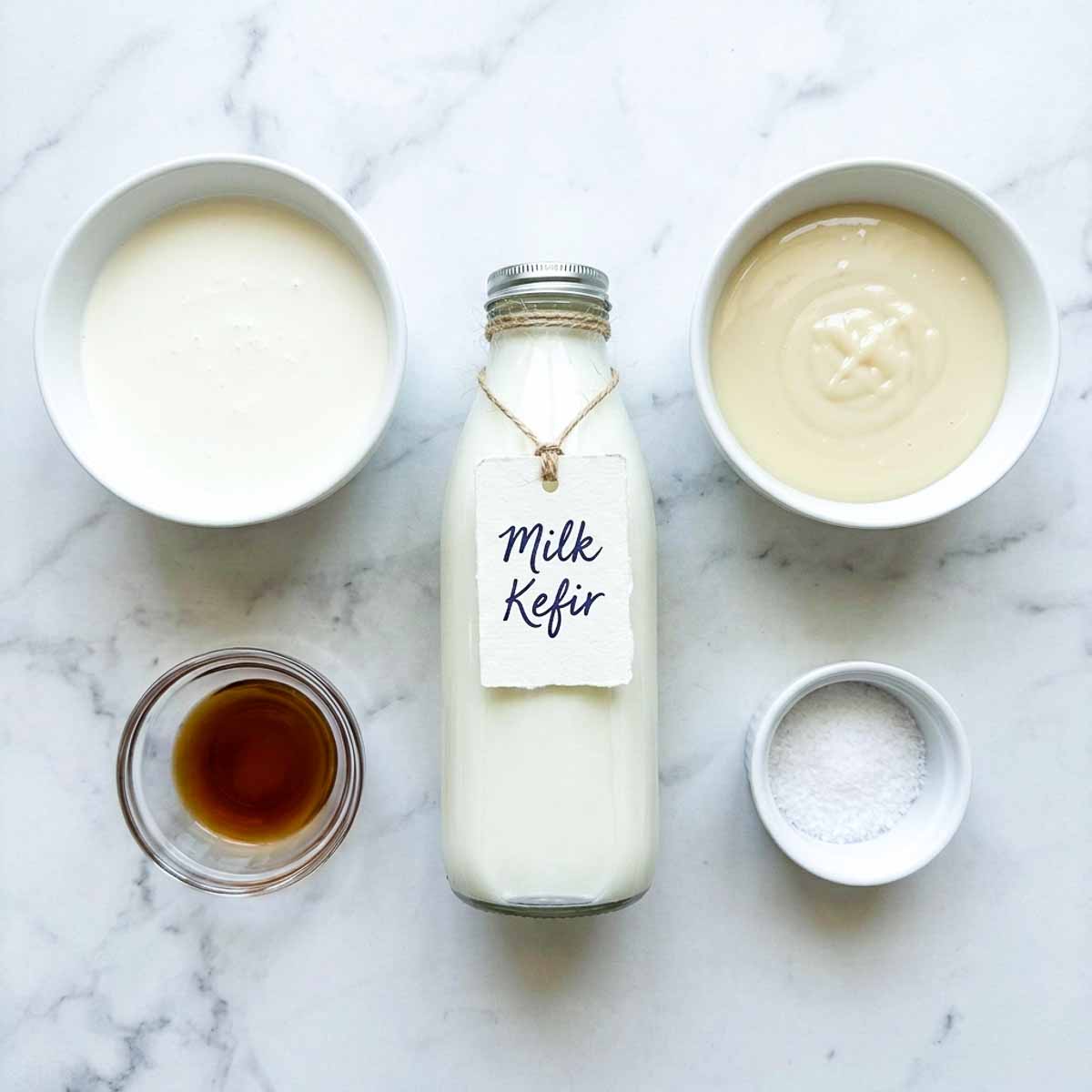 Ingredients for kefir ice cream on marble: heavy cream, milk kefir, sweetened condensed milk, vanilla and salt.