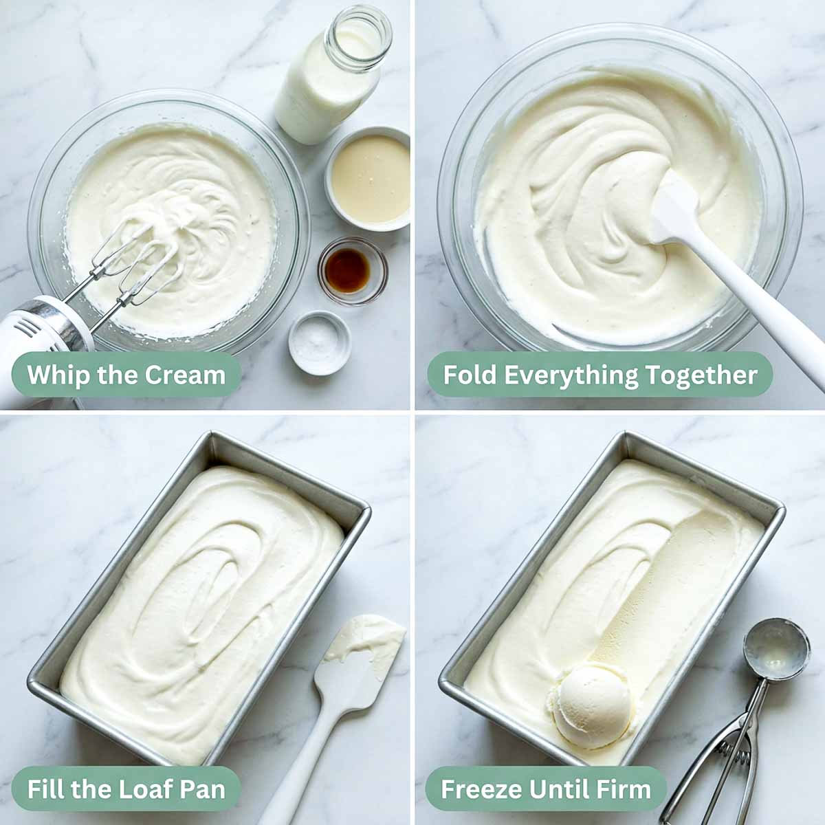 Four step process collage showing whipping cream, folding the kefir mixture, filling a loaf pan and freezing kefir ice cream.