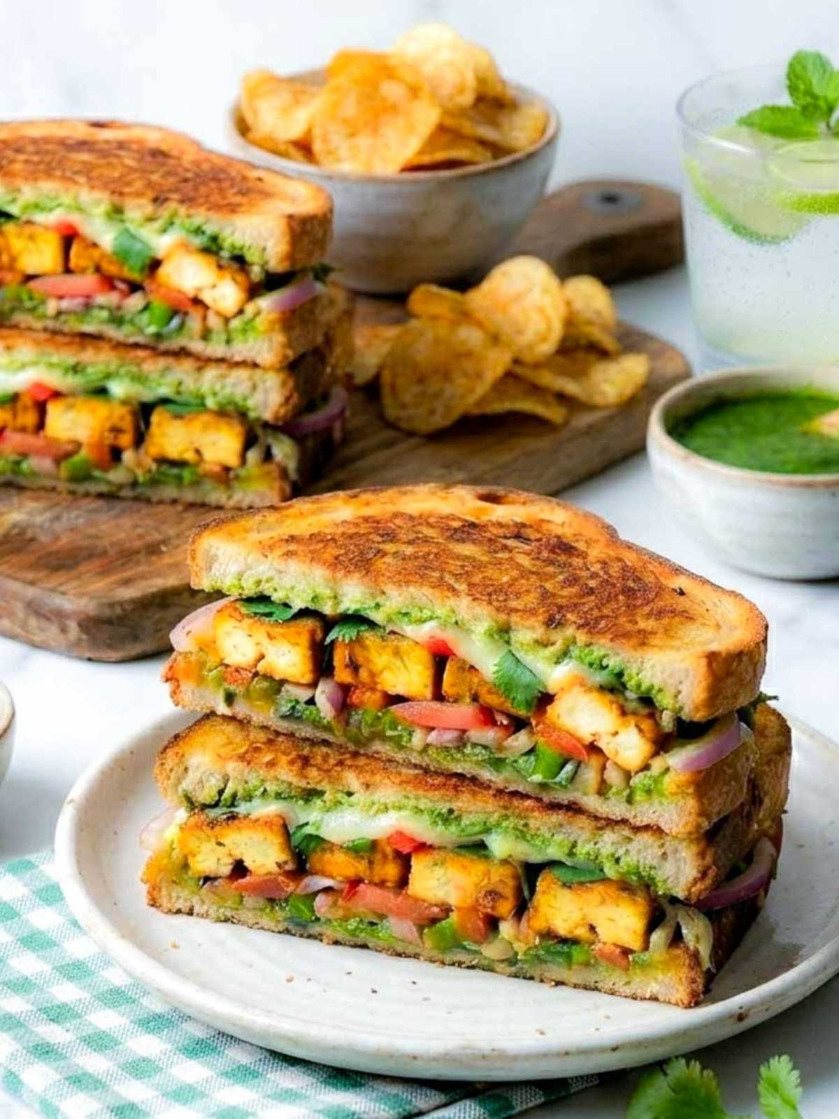Paneer sandwich cut in half and stacked on a plate with green chutney, lacha onion, and chips with another sandwich in the background.