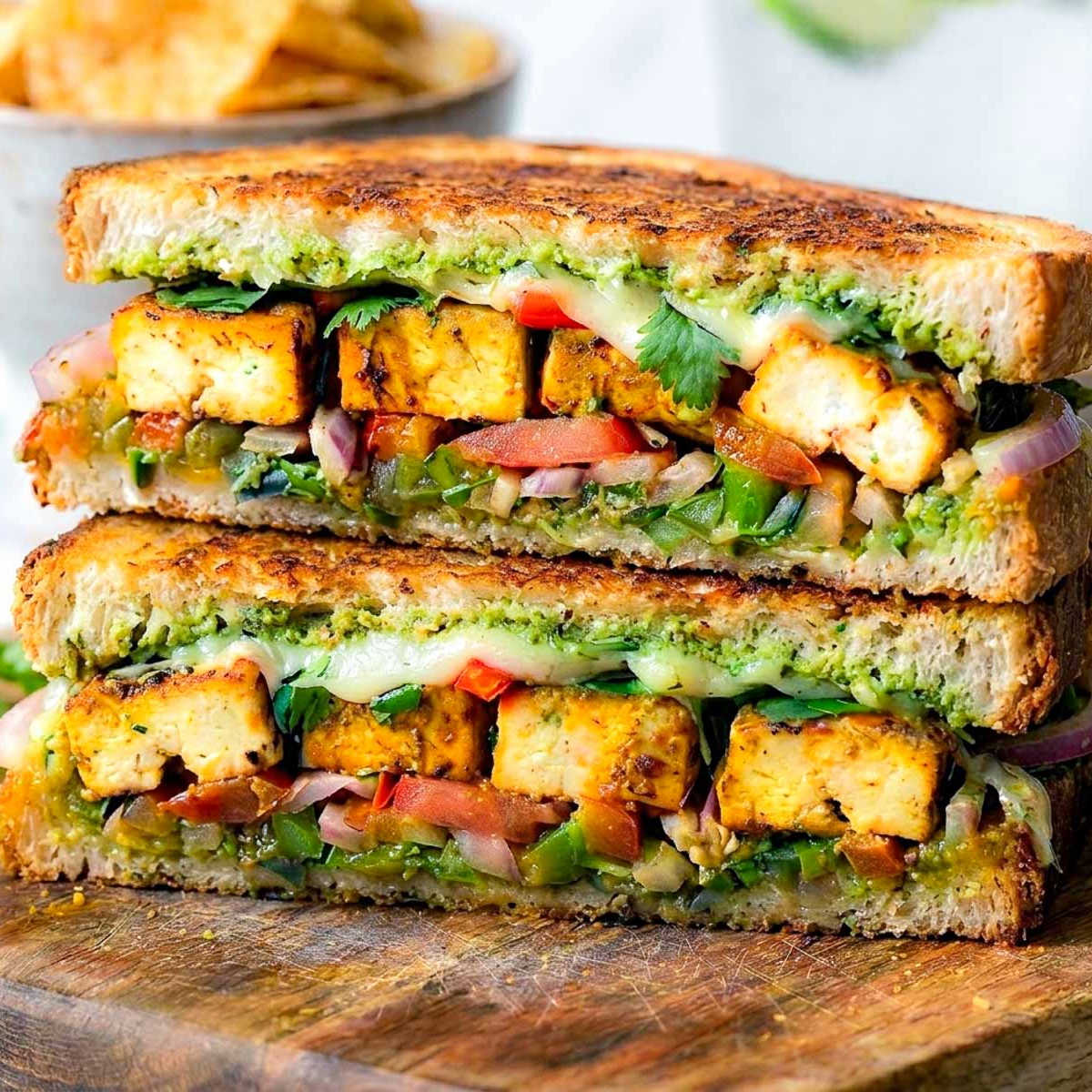 Close-up of a paneer sandwich cut in half showing paneer cubes, peppers, and melted cheese.