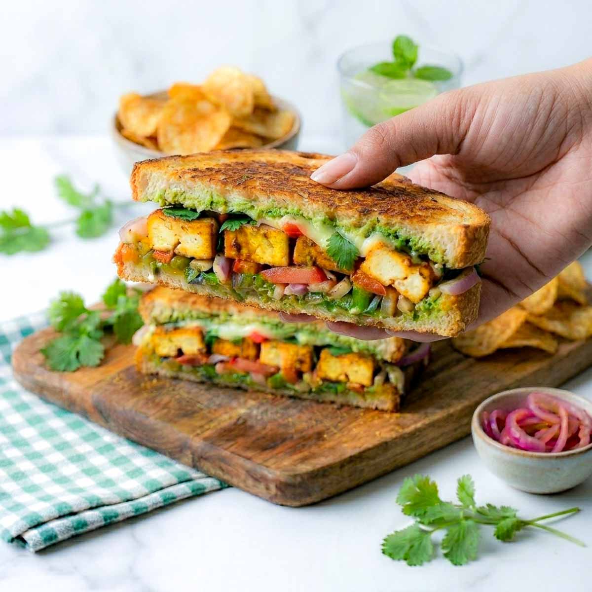 Hand lifting half a paneer sandwich from a stack on a wooden board.