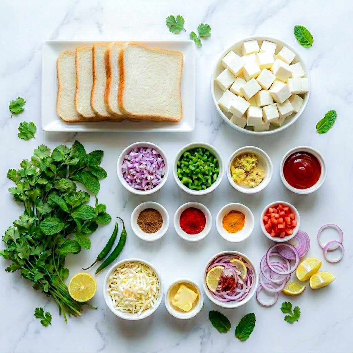 Paneer sandwich ingredients including cubed paneer, sandwich bread, cilantro, mint, and Indian spices.