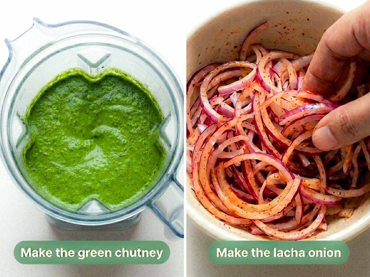 Green chutney blended in a jar and sliced red onion tossed with chili powder and lemon for lacha onion.