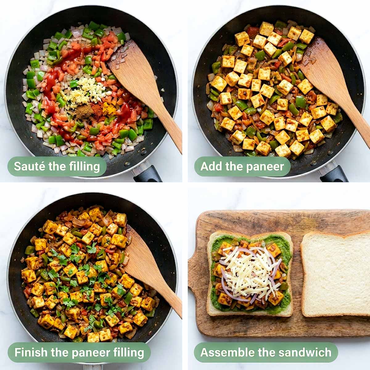 Four steps showing the paneer sandwich masala, paneer cubes added, finished filling, and assembly.