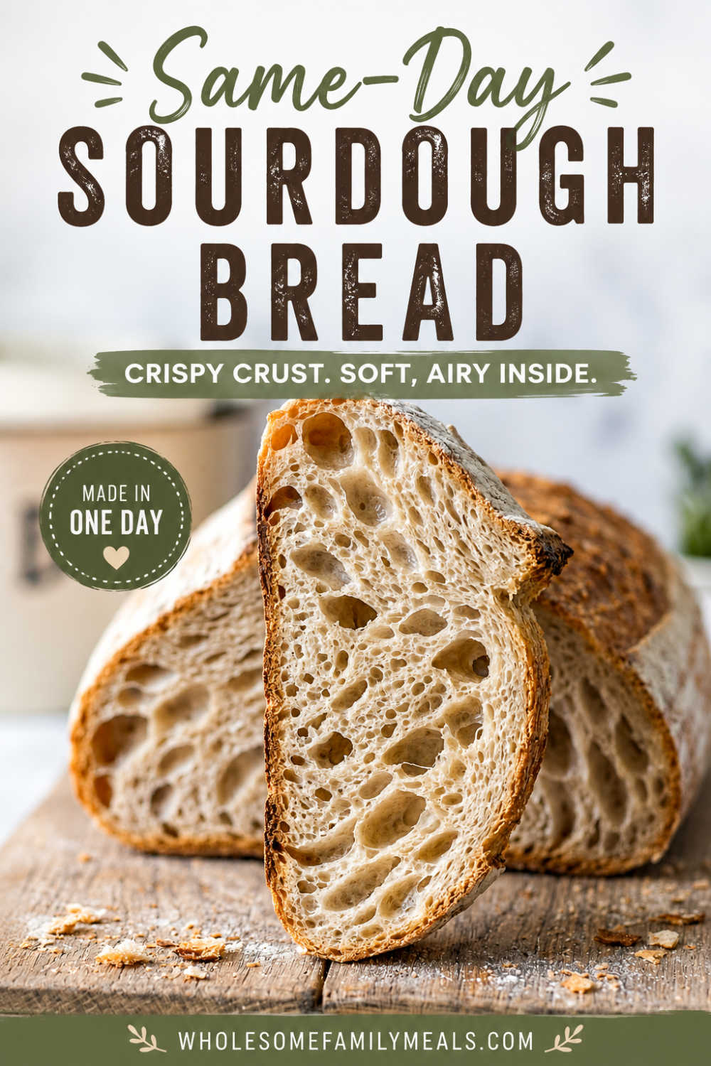 Same-day sourdough bread sliced to show its airy crumb and crisp golden crust, with text reading “Same-Day Sourdough Bread” and “Made in One Day.”