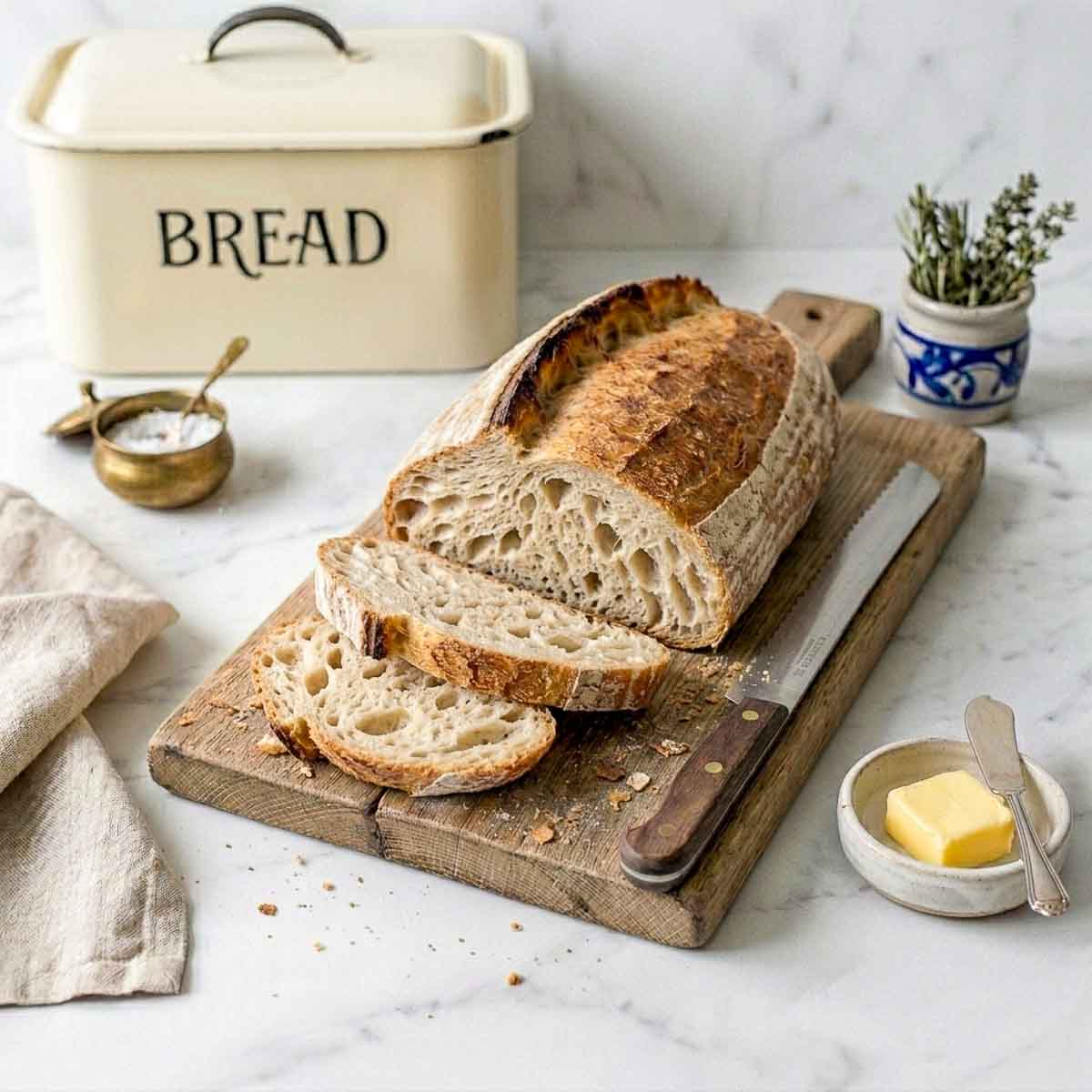 Sliced same day sourdough bâtard on a wooden board with a serrated knife, butter dish and cream enamel bread box.