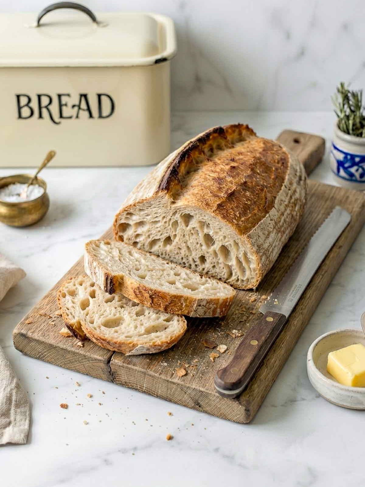 Portrait image of sliced same day sourdough bâtard on a wooden board with a serrated knife, butter dish and cream enamel bread box