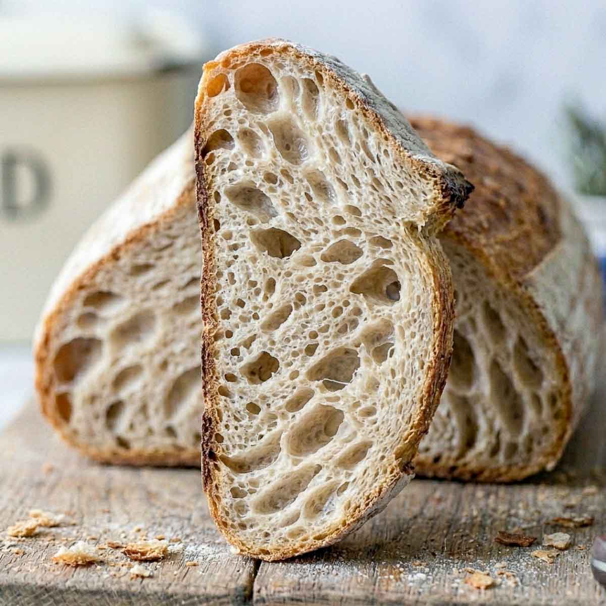 Cut cross-section of a sourdough loaf showing an open irregular crumb with large and small holes.