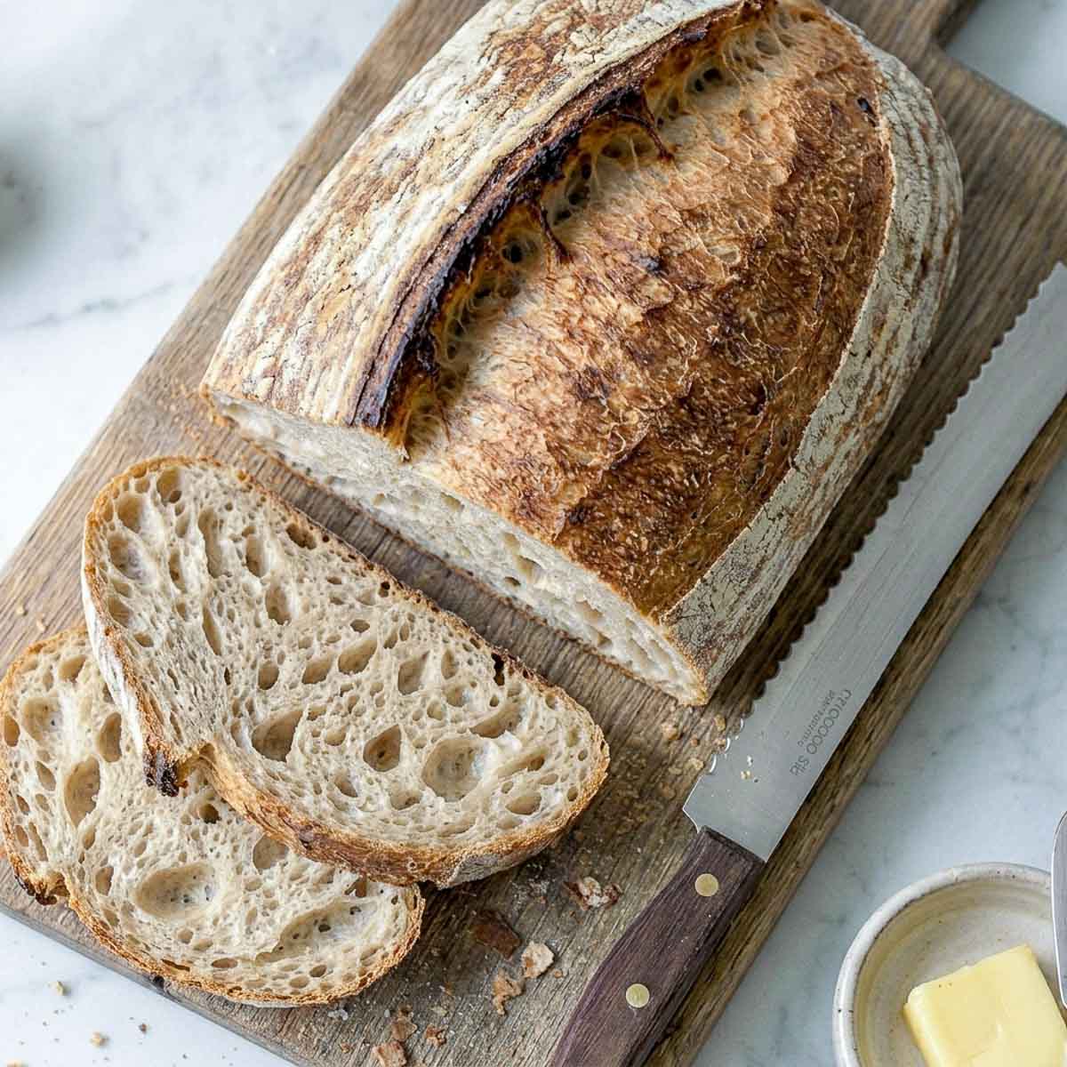 Overhead close up view of a sliced sourdough bâtard on a wooden board with a serrated knife and small butter dish.