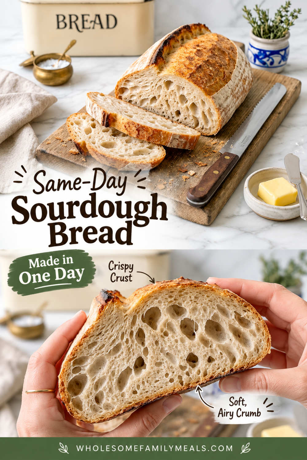 Same-day sourdough bread sliced to show its crisp golden crust and airy, open crumb, with a whole loaf behind it on a wooden board.