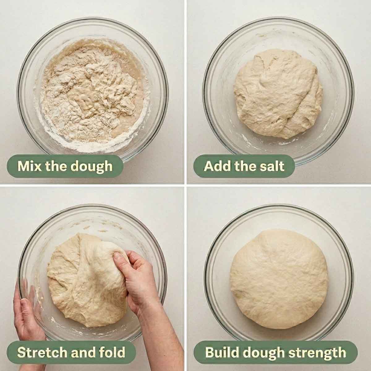 Four-step collage showing mixing the shaggy dough, adding salt, stretching and folding, and the smooth strengthened dough.