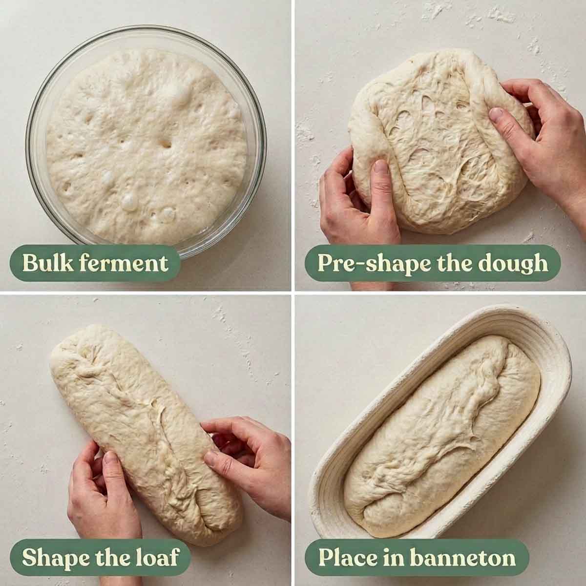 Four-step collage showing the risen bulk dough, pre-shaping, shaping the oval loaf and placing it seam side up in an oval banneton.