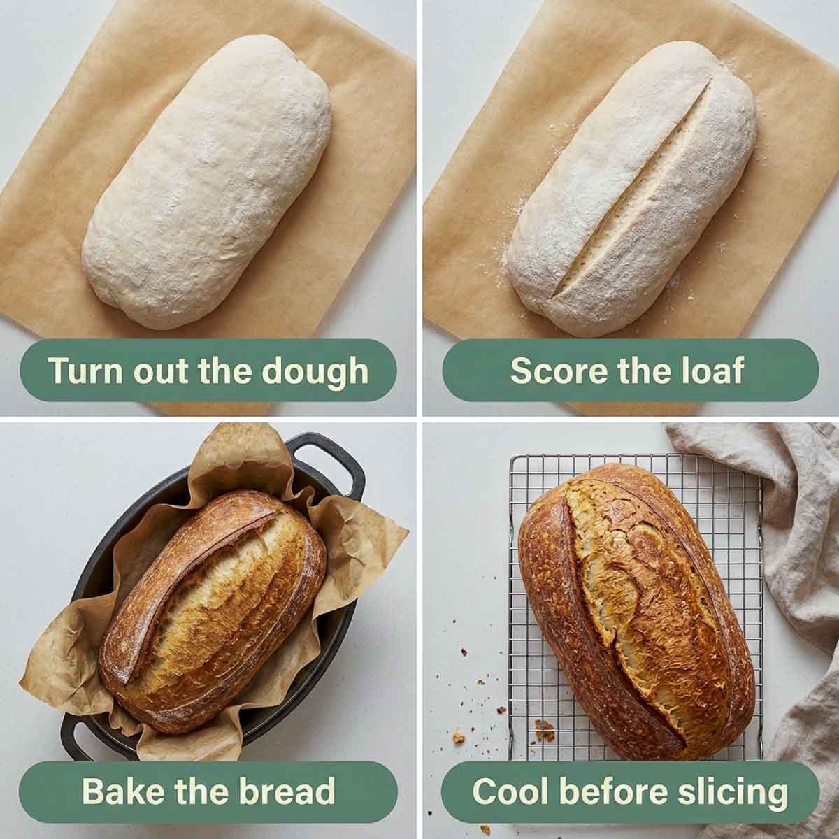 Four-step collage showing the turned-out dough on parchment, the scored loaf, the baked loaf in a Dutch oven and the finished loaf cooling on a wire rack.