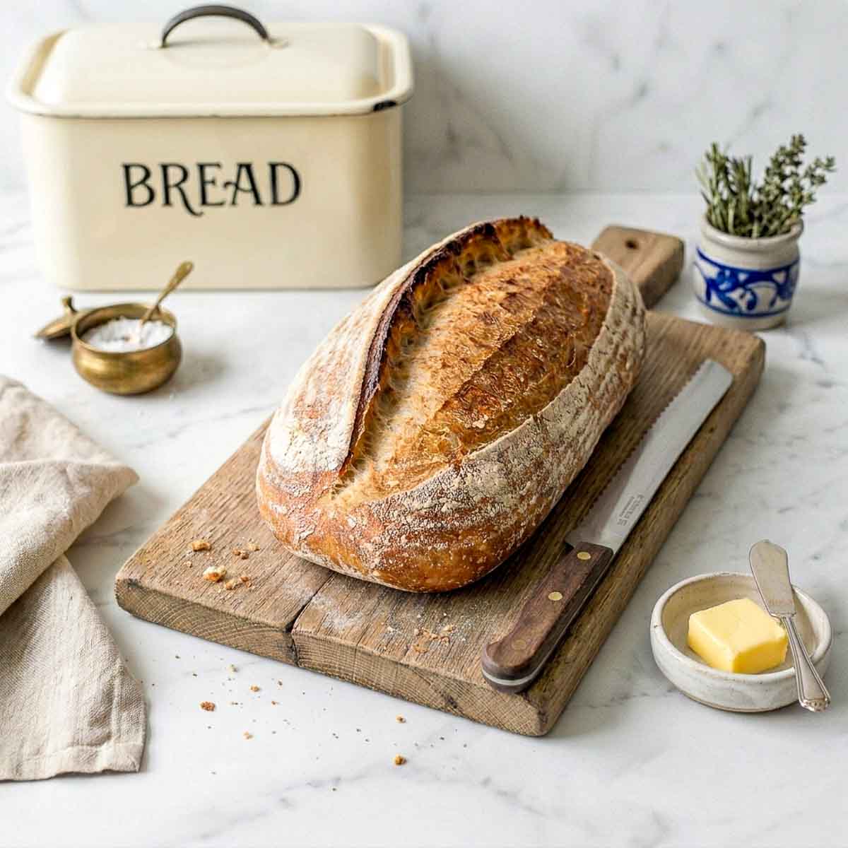 Whole baked same day sourdough bâtard on a wooden board beside a serrated knife and butter dish.