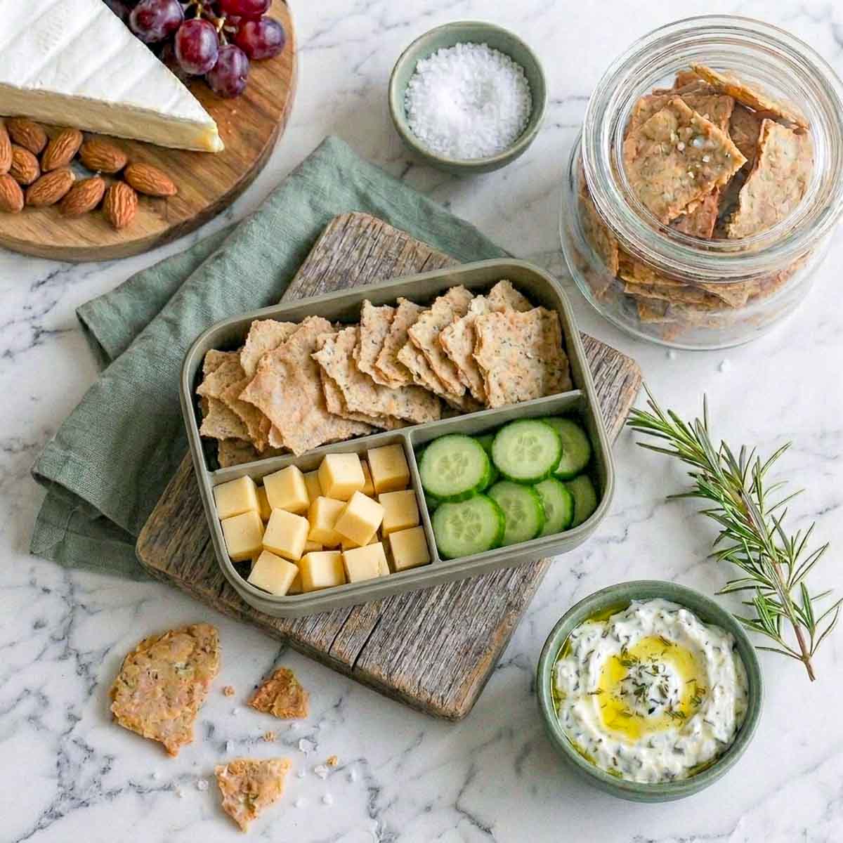 Sourdough discard crackers packed in a lunchbox with cheese cubes and cucumber.