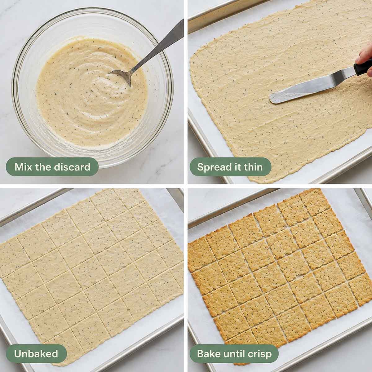 Four steps for sourdough discard crackers: mixing the batter, spreading it thin, scoring, and baking until crisp.
