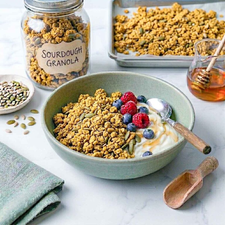 Sourdough granola served in a sage green bowl with yogurt, fresh berries, and a baking tray of granola in the background.