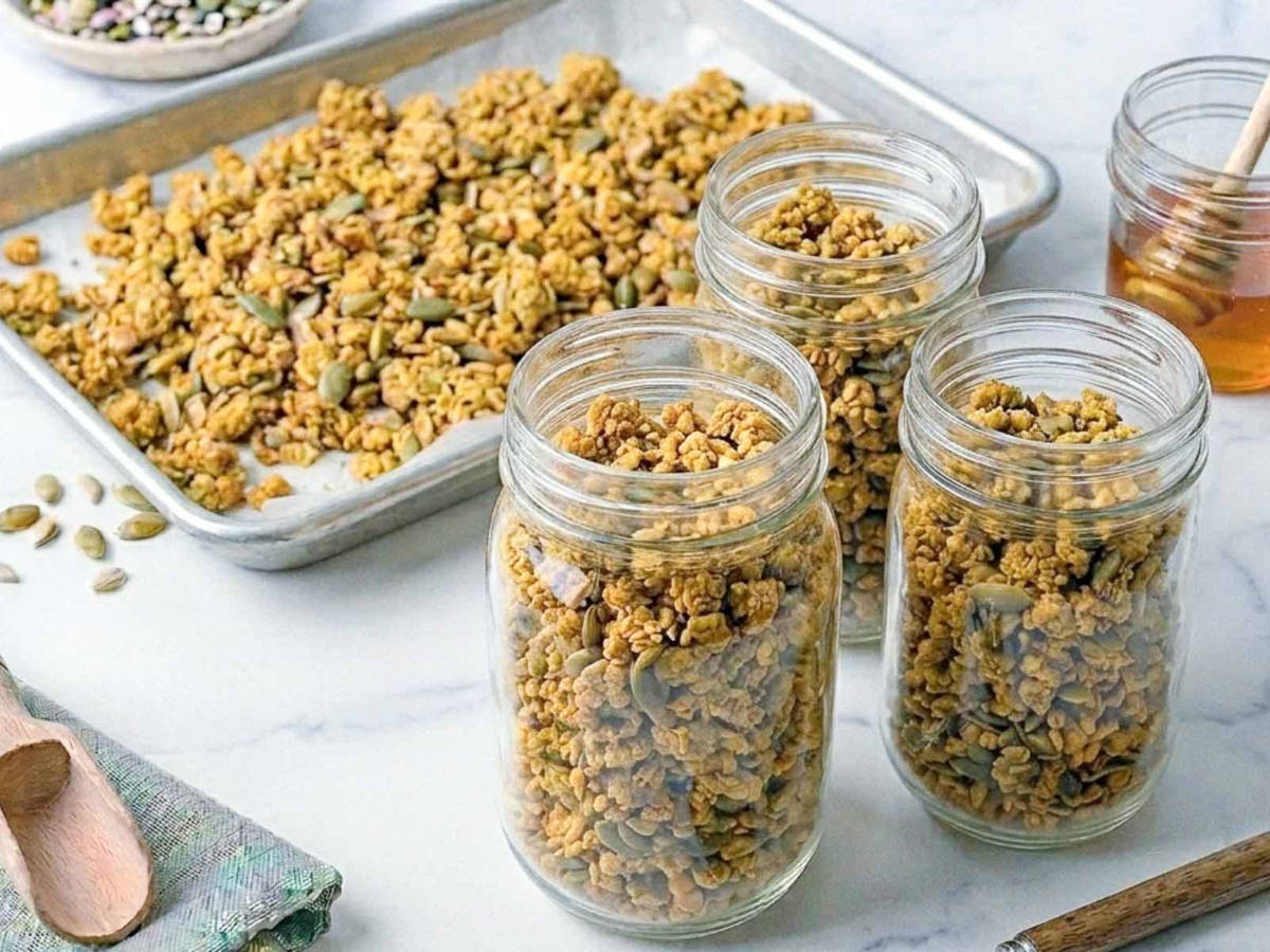 Homemade sourdough granola cooling on a baking sheet before being stored in jars.