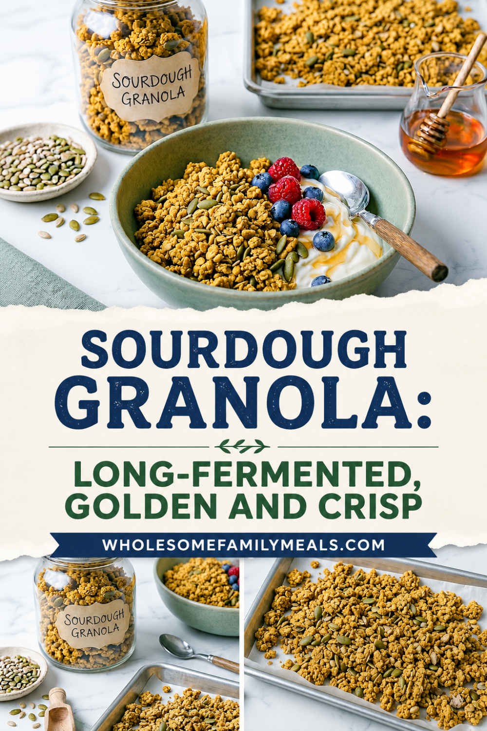 Sourdough granola served with yogurt, fresh berries, pumpkin seeds, and honey, with a jar of granola and baking tray of golden clusters in the background. Text reads “Sourdough Granola: Long-Fermented, Golden and Crisp” and “WholesomeFamilyMeals.com.”