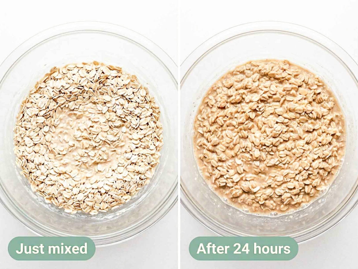 Sourdough granola oat and starter mixture in a glass bowl, shown just mixed and again after fermenting for 24 hours.