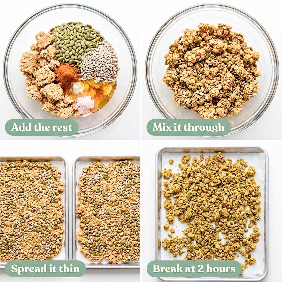 Four steps for making sourdough granola: seeds and spices added to the bowl, mixed through, spread thin on two trays, and broken into chunks after two hours of baking.