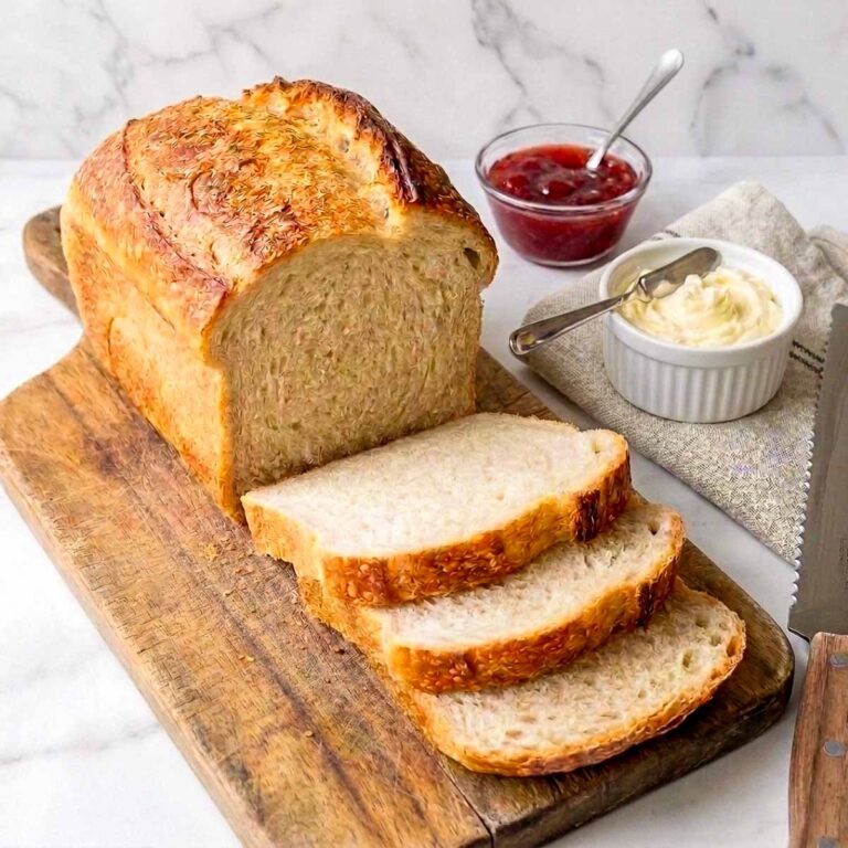 Sourdough sandwich bread sliced on a board with butter and jam.