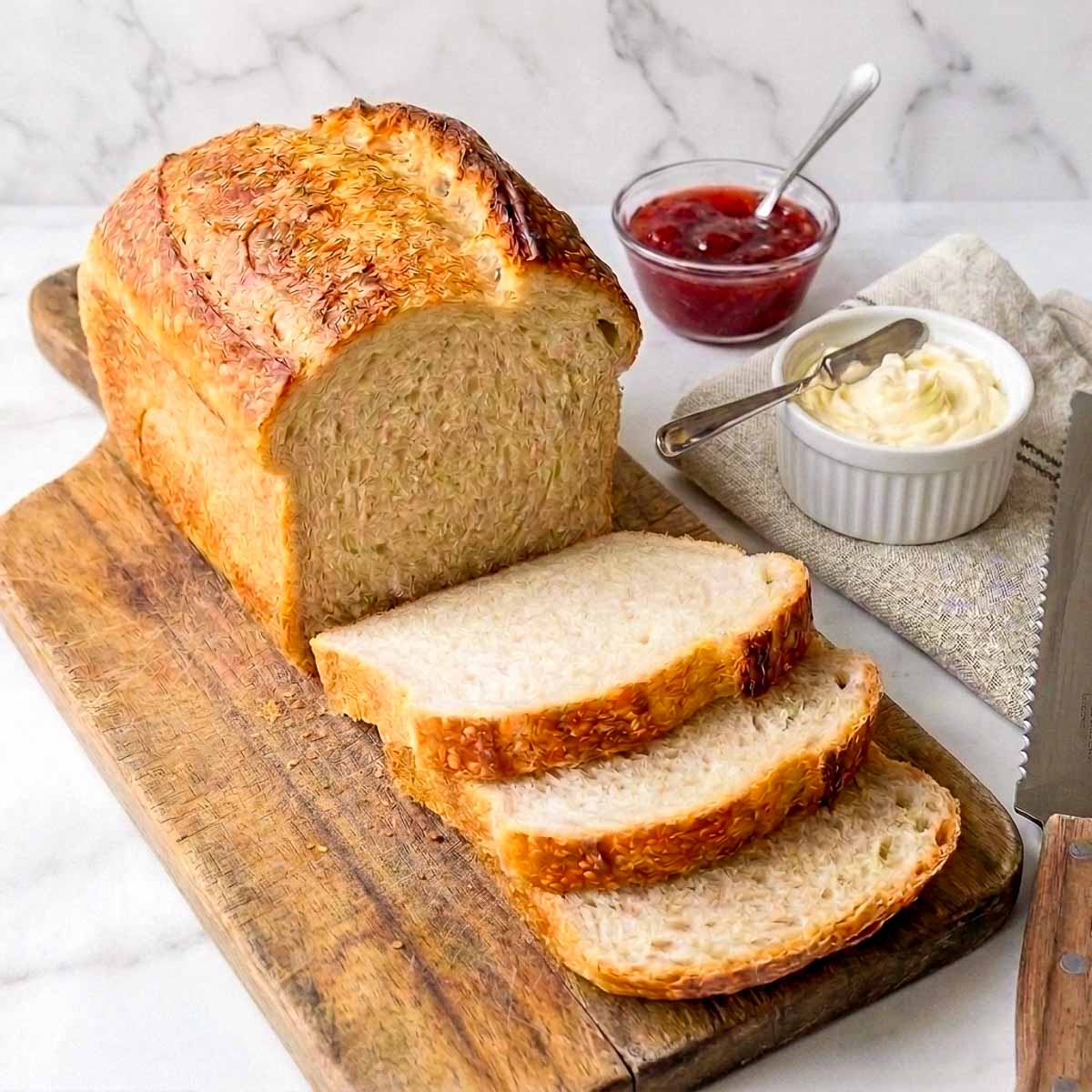 Sourdough sandwich bread sliced on a board with butter and jam.