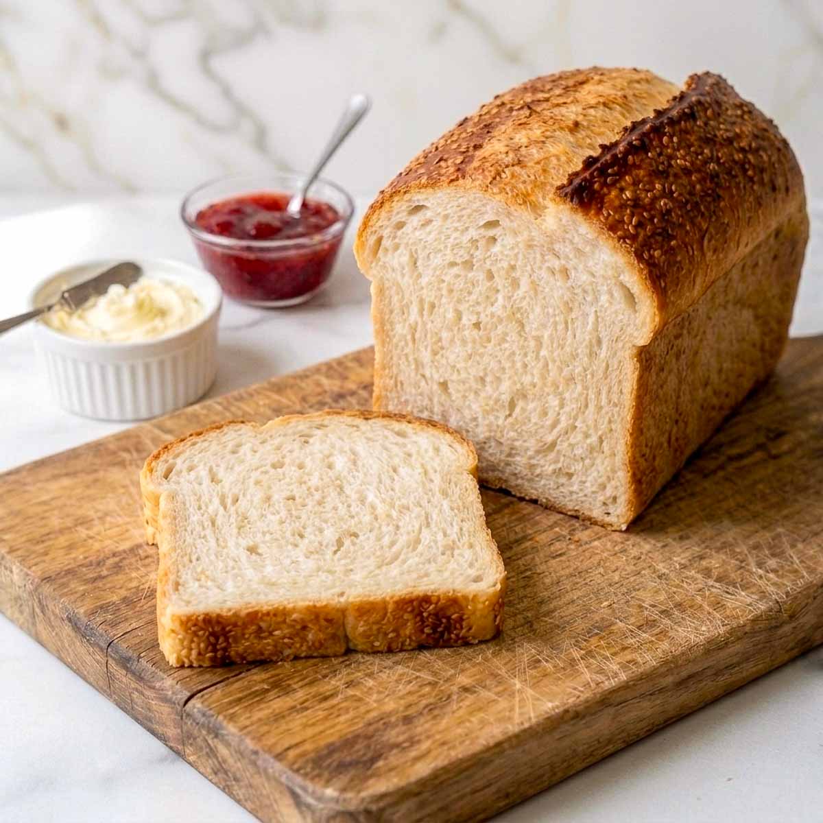 Whole loaf of sourdough sandwich bread with one slice cut, on a wooden board.