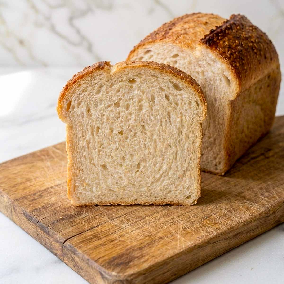 Close up of the soft even crumb inside a slice of sourdough sandwich bread.