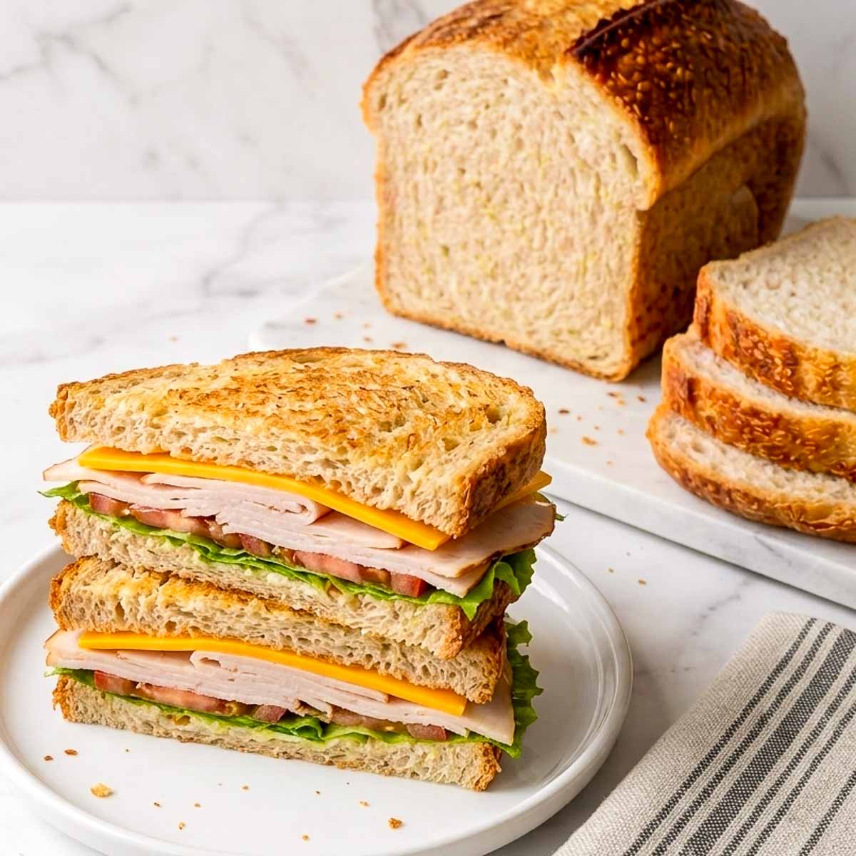 Turkey and cheddar sandwich made with sourdough sandwich bread, cut in half and stacked on a white plate.