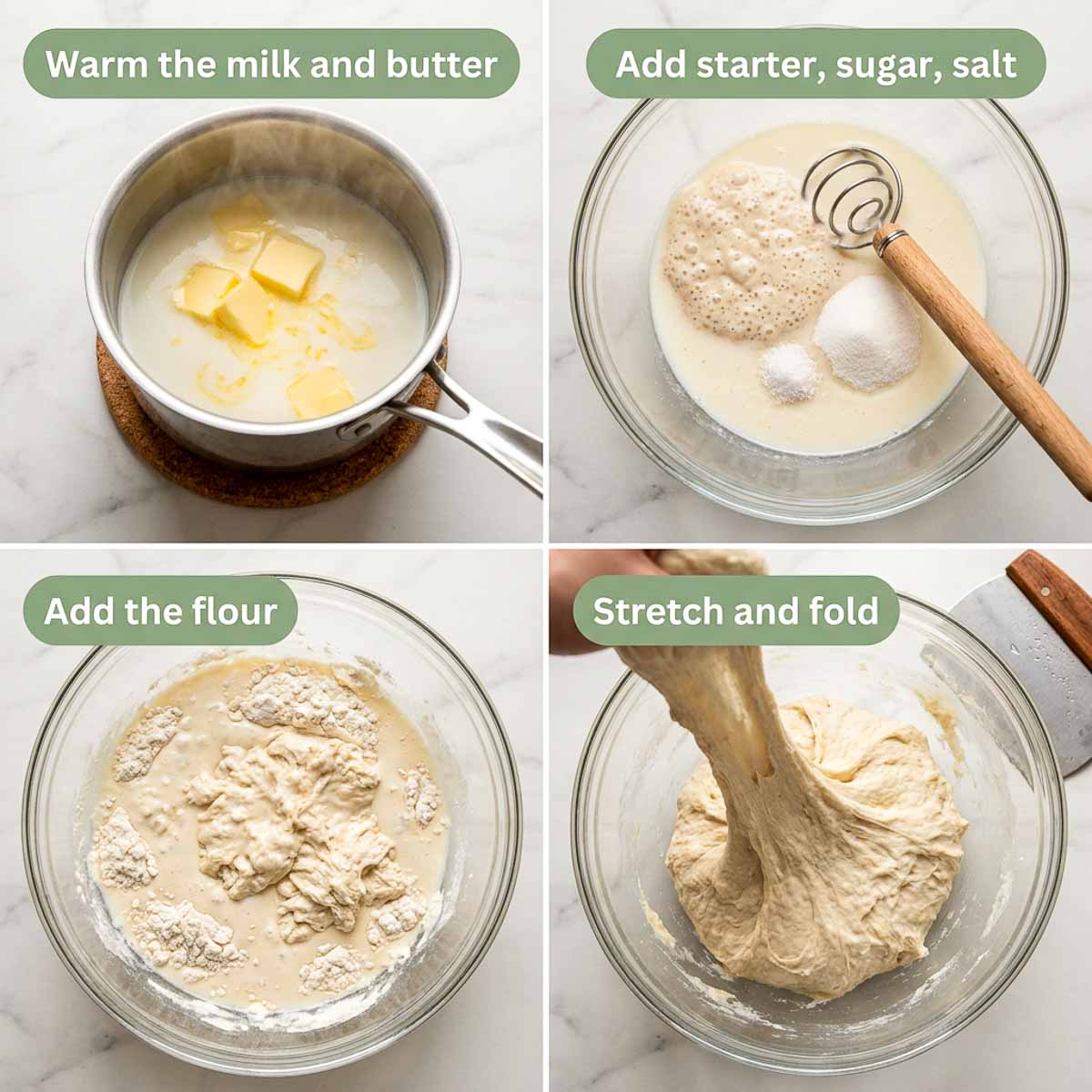 Four step collage showing warming milk and butter, adding sourdough starter, adding flour, and stretching and folding the dough.