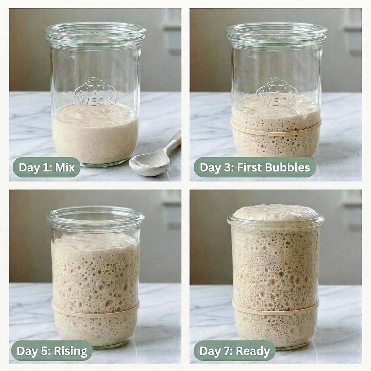 Sourdough starter steps day by day showing day 1 mix, day 3 first bubbles, day 5 rising, and day 7 ready.