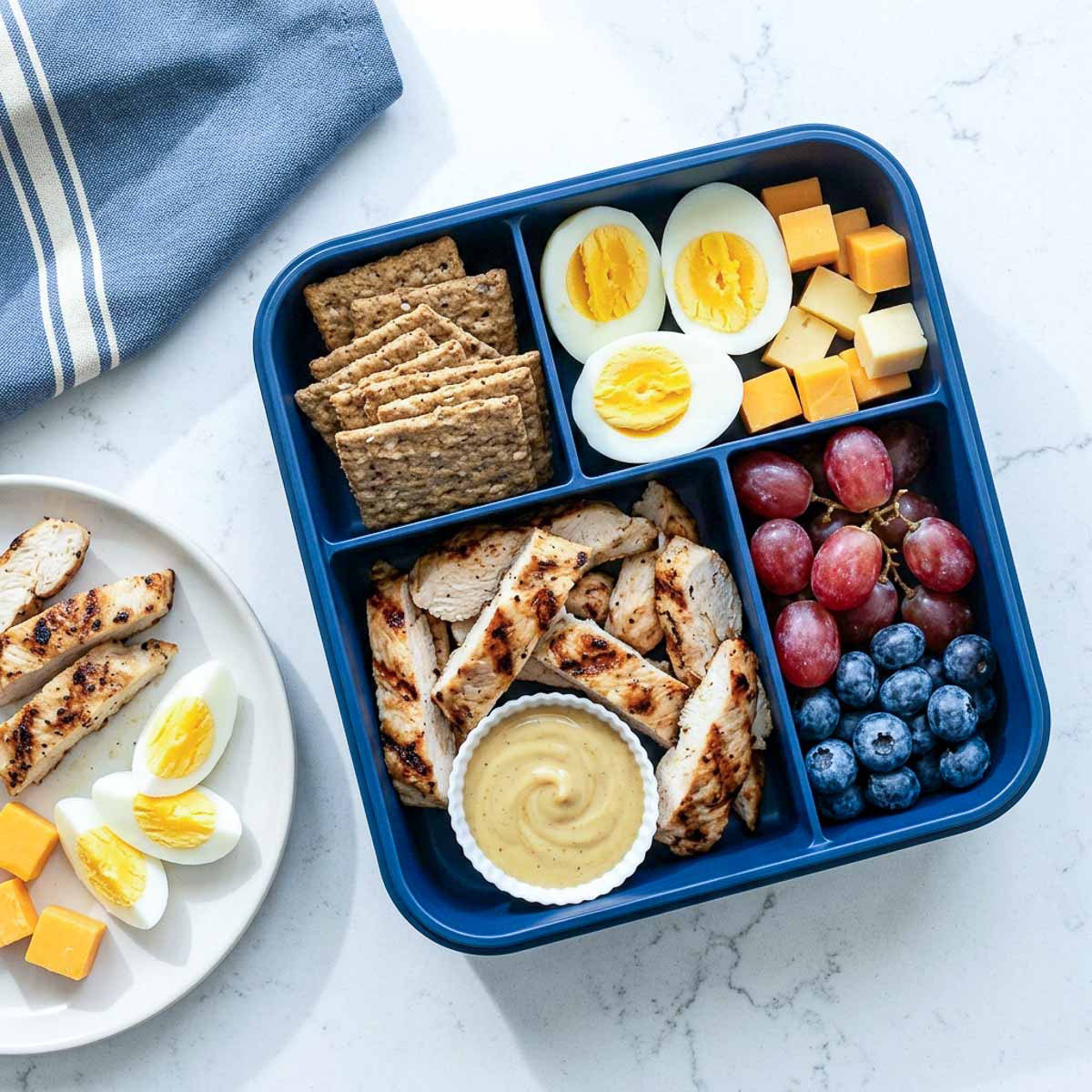 Triple protein snack box with grilled chicken, hard boiled eggs, cheddar cubes, crackers and fruit for a high school lunch.