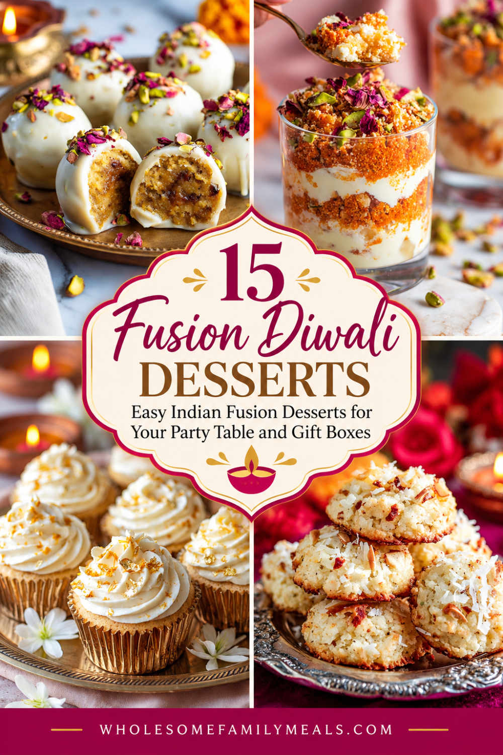 Pinterest pin for fusion Diwali desserts with gulab jamun truffles, mini Indian dessert cups, rasmalai cupcakes, and cookies for Diwali gift boxes.