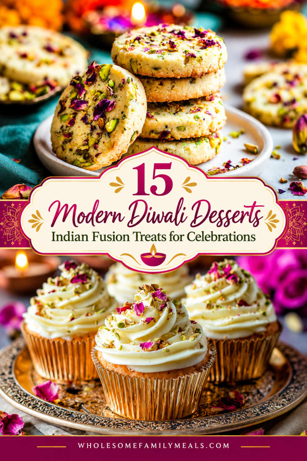 Pinterest pin for 15 modern Diwali desserts with rose pistachio shortbread cookies, saffron-frosted cupcakes, and other easy Indian fusion desserts for a party.