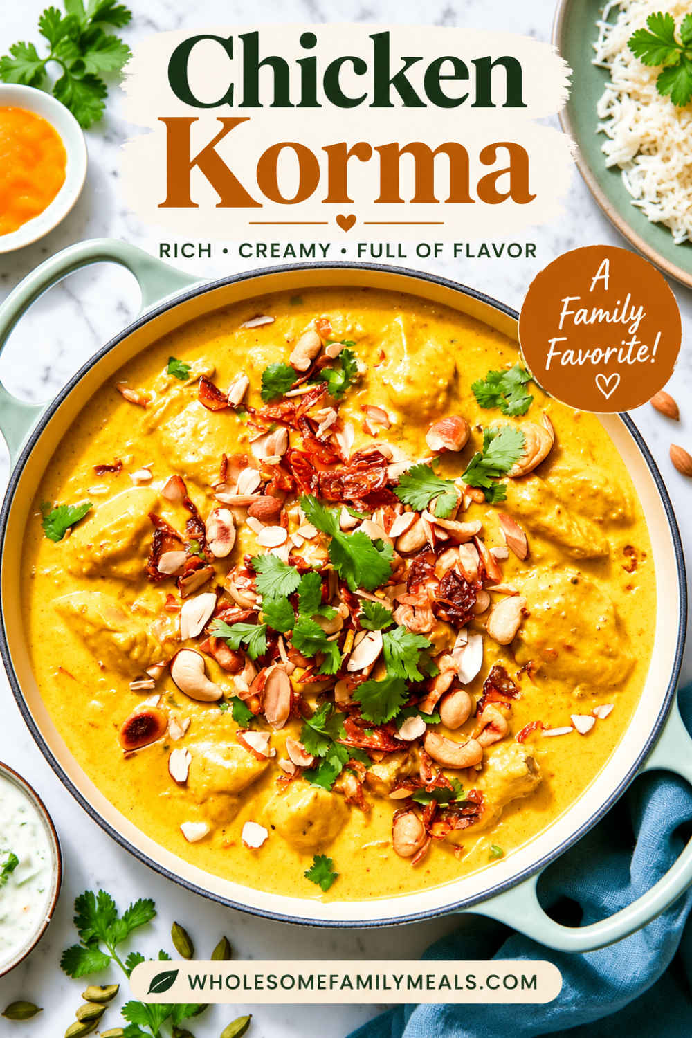 Overhead shot of restaurant style chicken korma in a braiser with the recipe title in dark green and rust lettering.