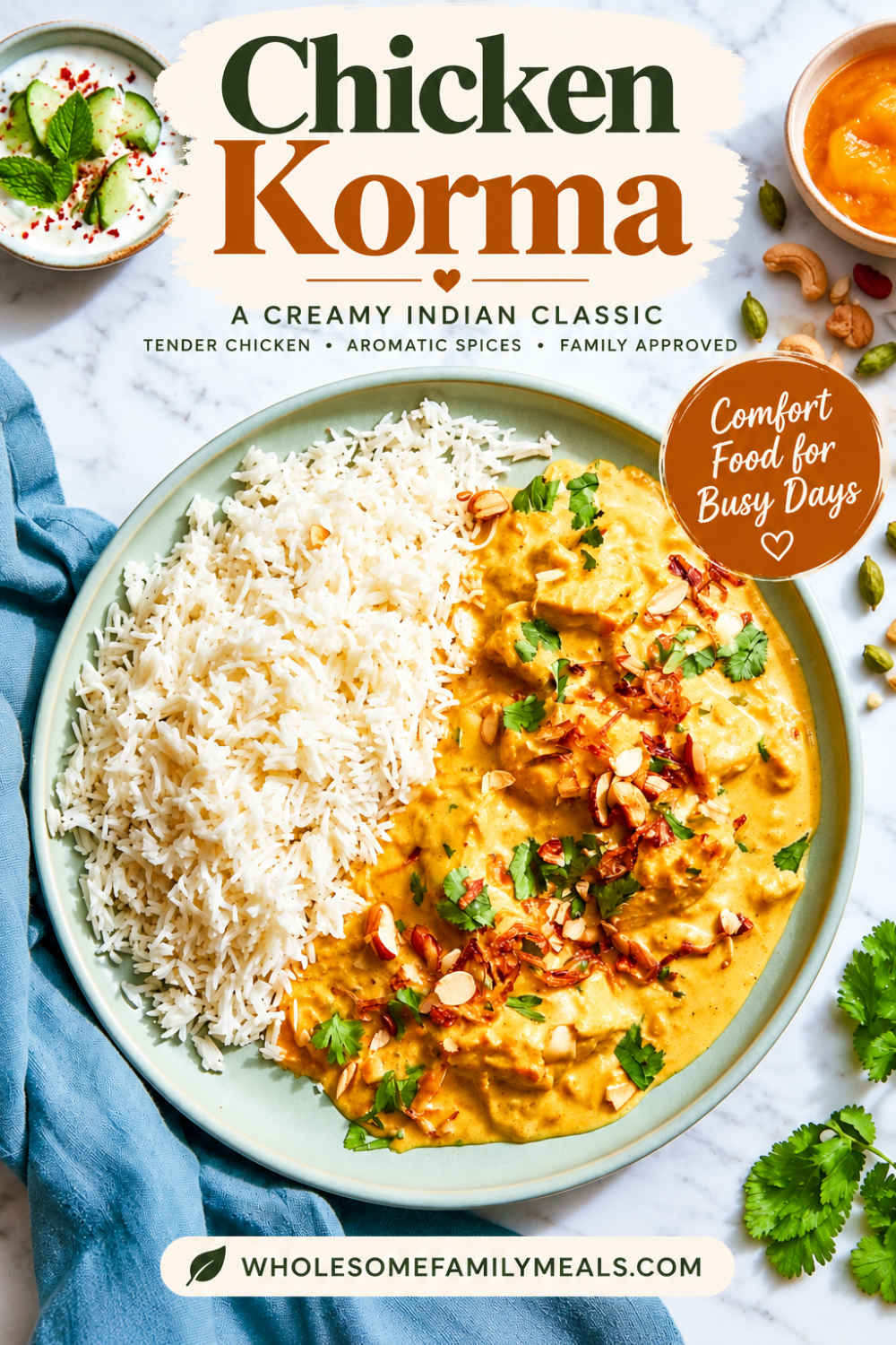 Plate of homemade indian chicken korma with basmati rice and the recipe title in dark green and rust lettering.