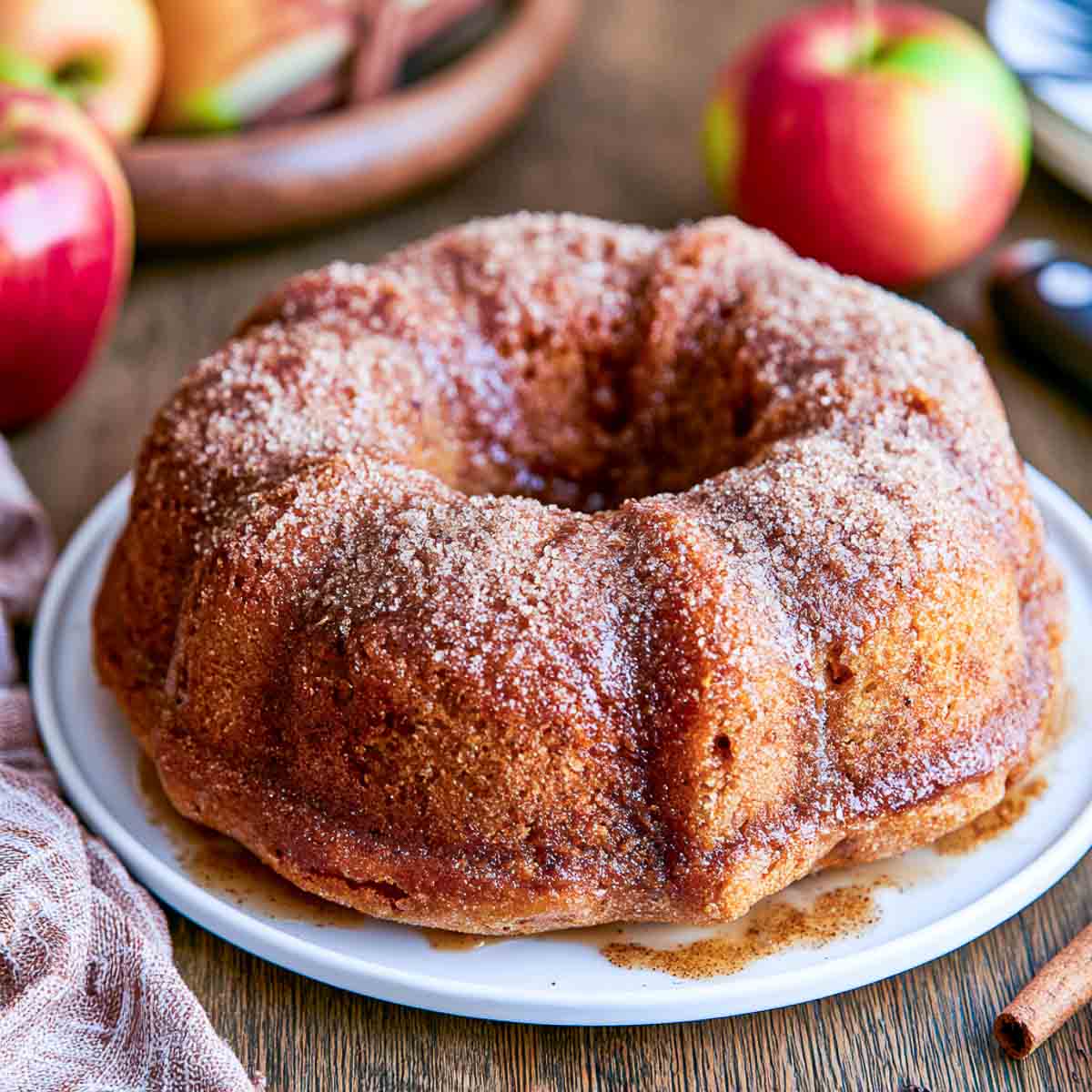 Apple cider donut cake dusted with cinnamon sugar and served on a white plate with apples and fall accents in the background.