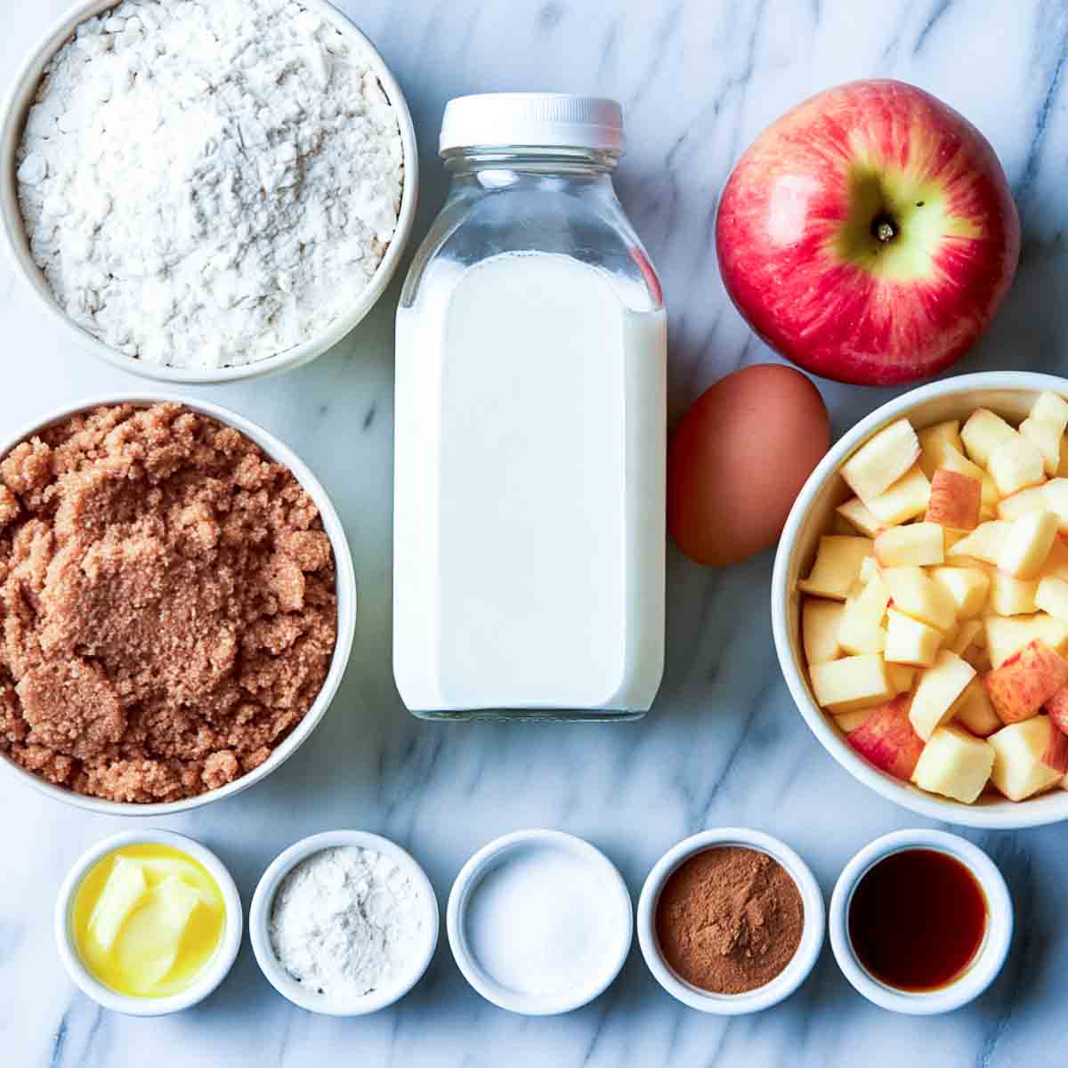 Ingredients for kefir apple loaf cake laid out in bowls: flour, kefir, brown sugar, diced apple, a whole apple, an egg, melted butter, cinnamon, and vanilla.