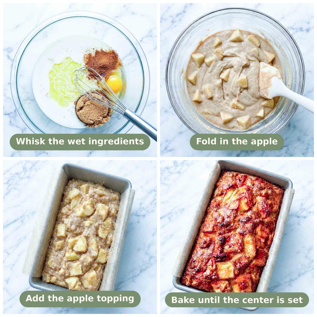Four-step collage showing the wet ingredients whisked in a glass bowl, diced apple folded into the batter, the topping apple scattered over the batter in the loaf pan, and the baked loaf with a caramelized top.
