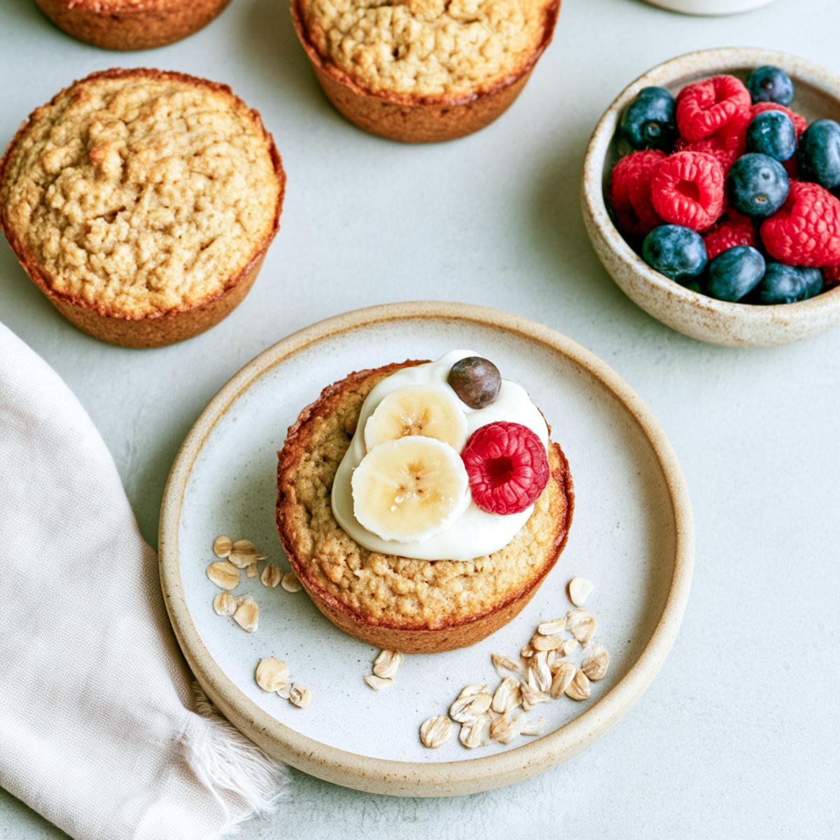 Top-down photograph of a baked oatmeal cup topped with creamy yogurt, banana slices, a raspberry, and a blueberry on a speckled ceramic plate. Several plain baked oatmeal cups surround the plate, with rolled oats scattered across the plate and a bowl of blueberries and raspberries in the background.