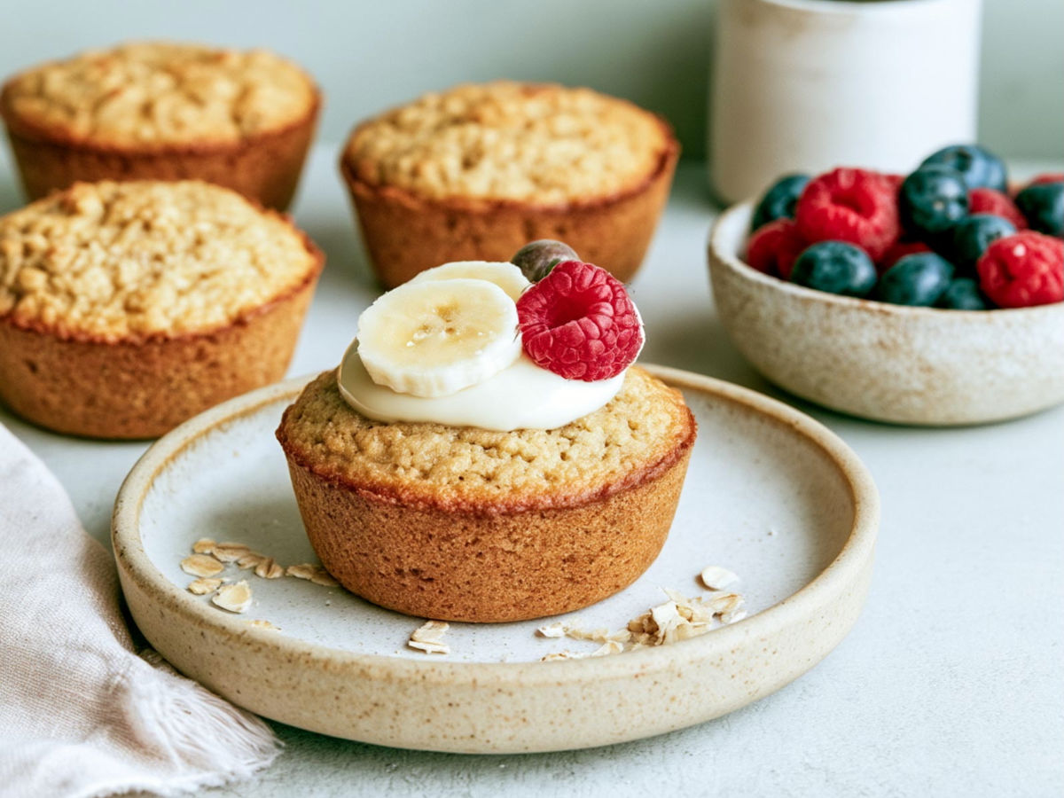 Close-up photograph of a golden baked oatmeal cup topped with yogurt, banana slices, and fresh berries on a ceramic plate. The oatmeal cup has a moist, textured interior with a piece cut away, while several more oatmeal cups and a bowl of berries sit in the background.