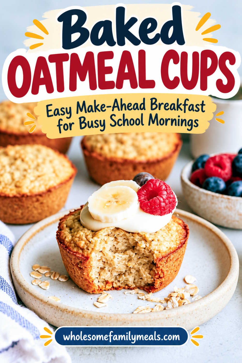 Vertical Pinterest graphic featuring baked oatmeal cups, with one oatmeal cup topped with yogurt, banana slices, and fresh raspberries in the foreground. Several baked oatmeal cups and a bowl of blueberries and raspberries appear in the background. The graphic includes the title “Baked Oatmeal Cups” and text about an easy make-ahead breakfast for busy school mornings.