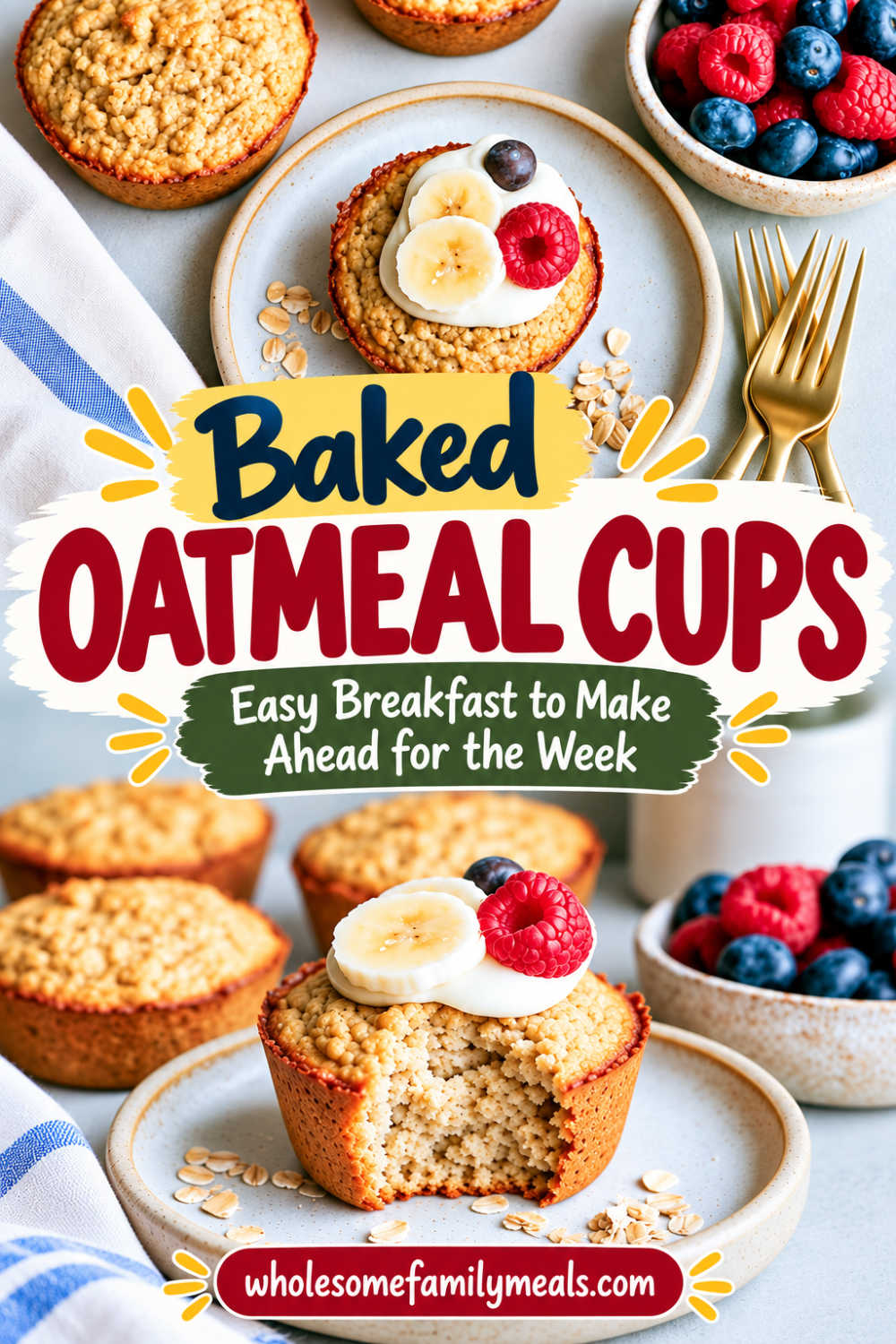 Vertical Pinterest graphic showing baked oatmeal cups on ceramic plates, with the front oatmeal cup topped with yogurt, banana slices, raspberries, and a blueberry. Rolled oats and a bowl of fresh berries are arranged around the food. The graphic features the title “Baked Oatmeal Cups” and describes them as an easy breakfast to make ahead for the week.