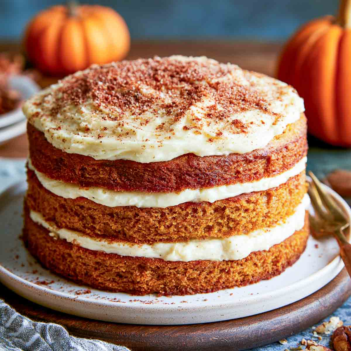 Three-layer pumpkin cake with creamy frosting between the layers and a cinnamon-spiced topping, surrounded by small pumpkins.