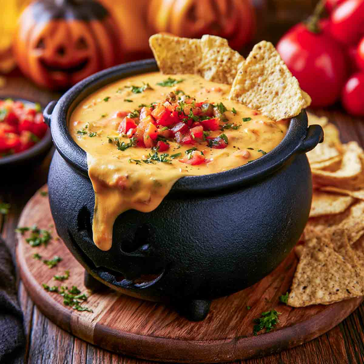 Orange queso dip dripping down a small black cast iron cauldron topped with pico de gallo.