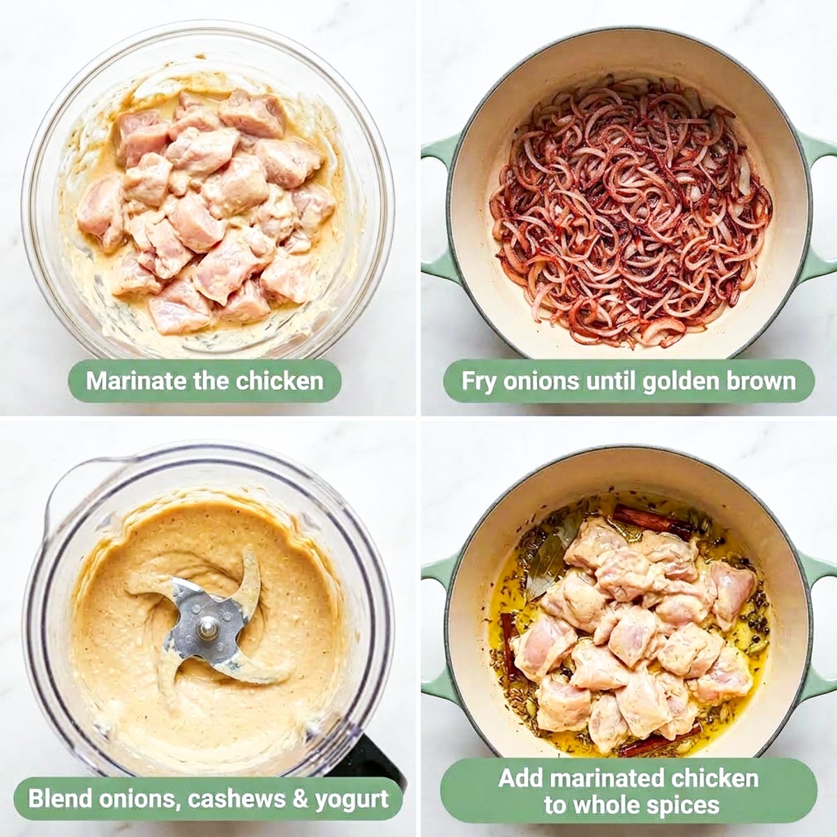 Four step collage for homemade chicken korma showing yogurt marinated chicken, red onions frying to a deep reddish brown, korma paste blending, and chicken added to whole spices.