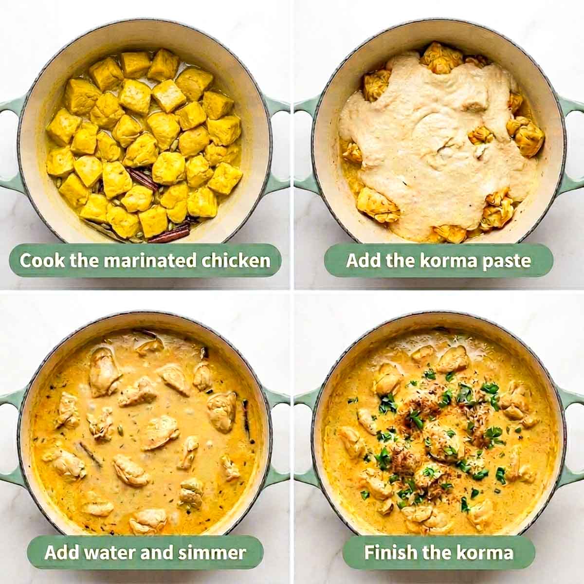 Four step collage showing chicken cooking in whole spices, indian korma sauce added to the pot, the curry simmering, and finished chicken korma with cilantro.