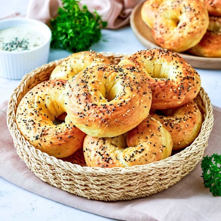 Golden cottage cheese bagels topped with everything bagel seasoning, piled in a woven basket with a small bowl of creamy dip in the background.